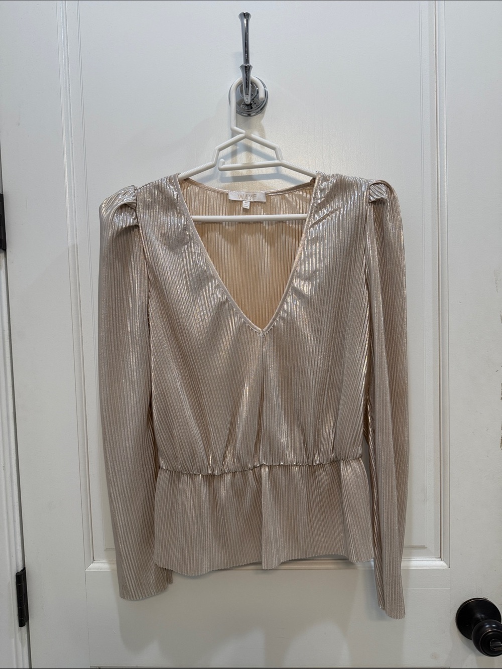 Wayf Metallic Champagne V-Neck Peplum Blouse